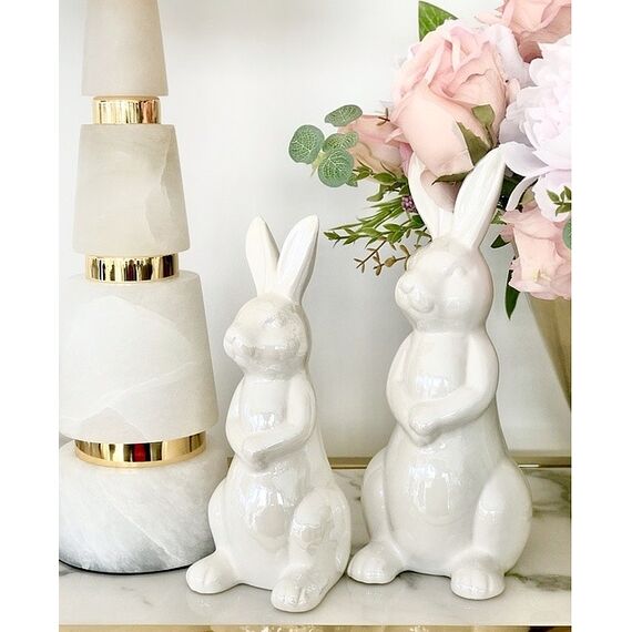 Dekoracja na stół, królik ceramiczny, perłowy, stojący, glamour, wielkanocny