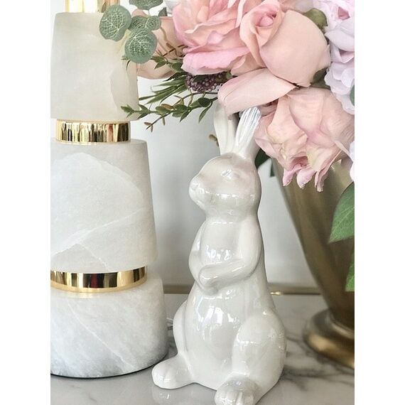 Dekoracja na stół, królik ceramiczny, perłowy, stojący, glamour, wielkanocny