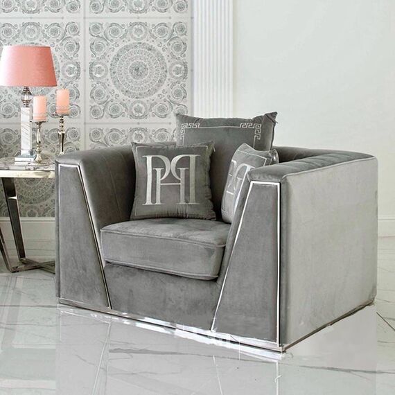 Upholstered armchair MONTE CARLO glamour for the living room modern 90x120x70 gray silver