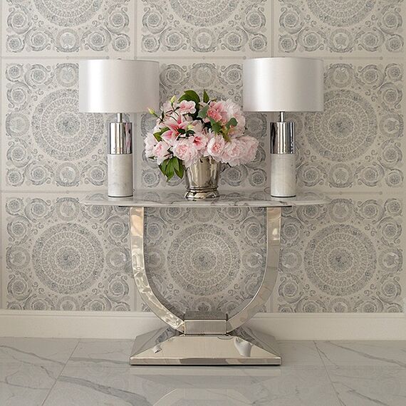 Modern silver and white table lamp in the glamor style SILVIA