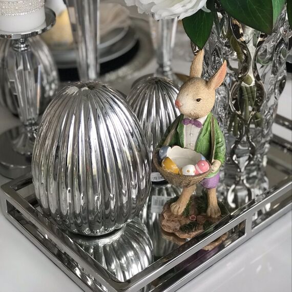 Dekoracja na stół, konsolę, wielkanocne srebrne plisowane JAJKO S