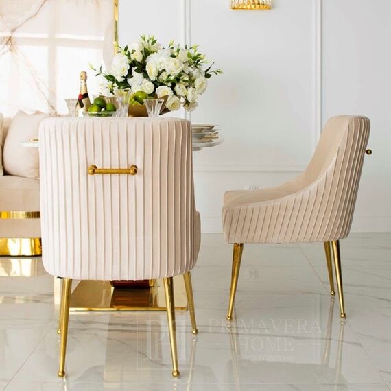 Krzesło beżowe glamour na złotych nogach z kołatką do jadalni, toaletki, nowoczesne, tapicerowane, designerskie PALOMA