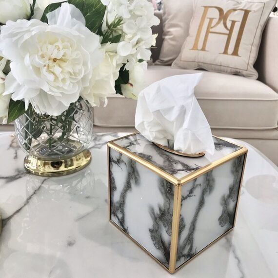 Modern tissue container, cube, gold, stone pattern