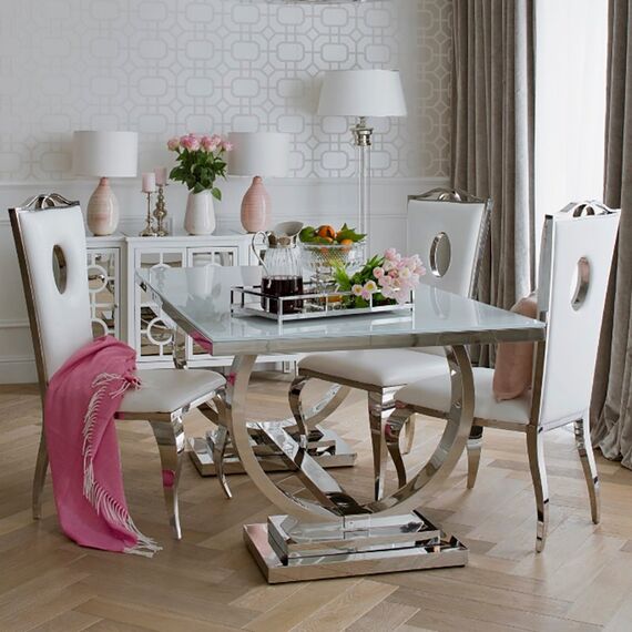 Exclusive modern glamor table for the dining room, white glass, steel top, silver MARCELLO 180cm OUTLET