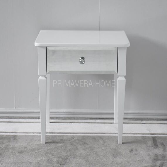 Wooden bedside table with a mirror, classic, glamor, white, silver ELEGANCE OUTLET