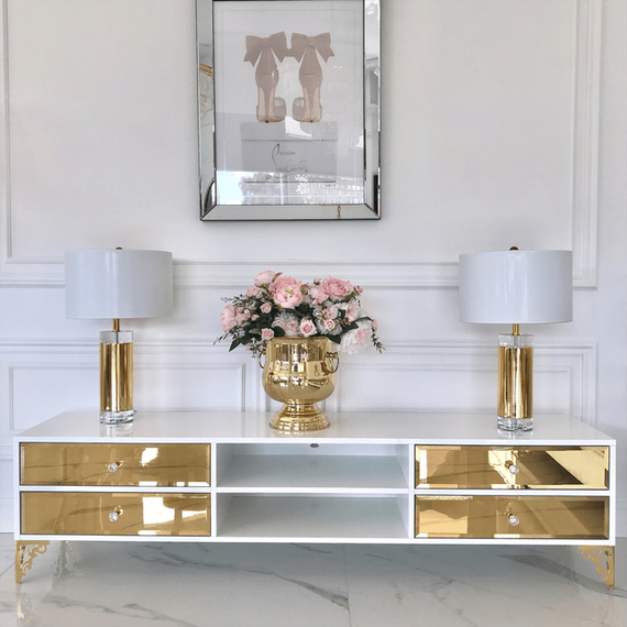 Exclusive TV chest of drawers, with mirrors, wooden, white, black, glamor, lacquered, silver VENICE