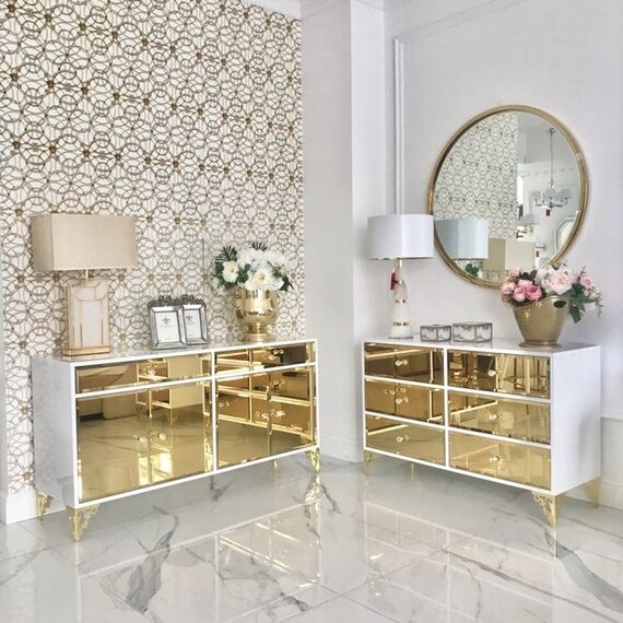 Komoda glamour luksusowa, drewniana, do salonu, do sypialni, drewniana, lakierowana złota designerska VENICE