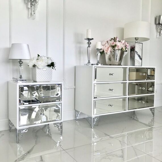 Luxurious bedside table, lacquered wooden side table, with mirror, silver VENICE