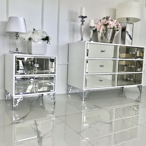 Luxurious bedside table, lacquered wooden side table, with mirror, silver VENICE