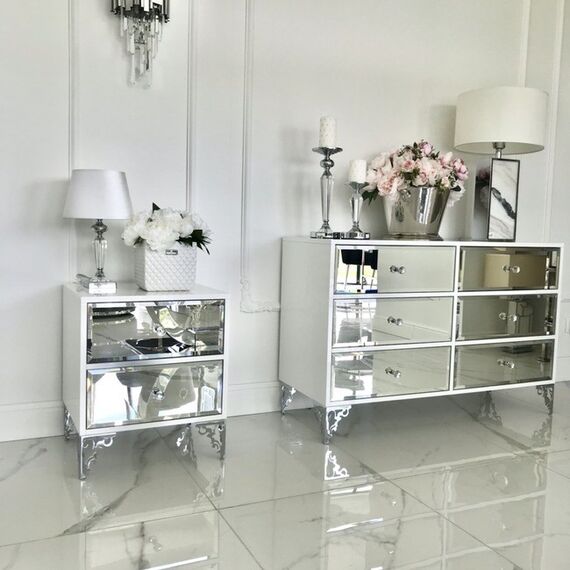 Luxurious bedside table, lacquered wooden side table, with mirror, silver VENICE