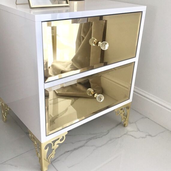 An exclusive bedside table, a wooden, varnished side table, with a mirror, gold VENICE