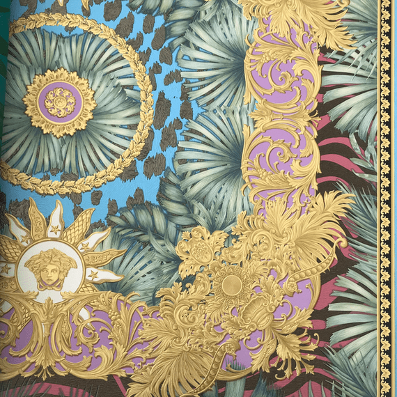Tapeta glamour Versace V Jungle Animalier, motyw liści, tropikalna, złota, liście palmy