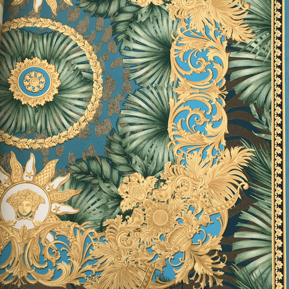Versace V Jungle Animalier glamor wallpaper, palm theme, leaves, tropical, gold