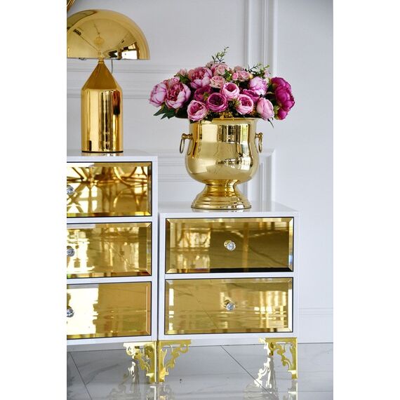 An exclusive bedside table, a wooden, varnished side table, with a mirror, gold VENICE