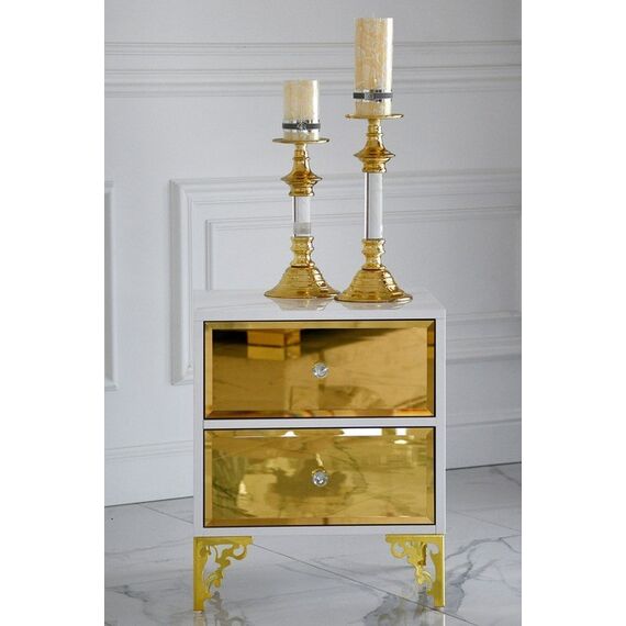 An exclusive bedside table, a wooden, varnished side table, with a mirror, gold VENICE