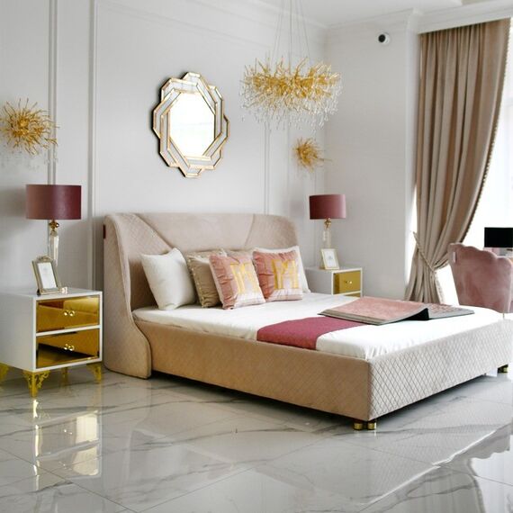 An exclusive bedside table, a wooden, varnished side table, with a mirror, gold VENICE