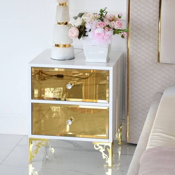 An exclusive bedside table, a wooden, varnished side table, with a mirror, gold VENICE