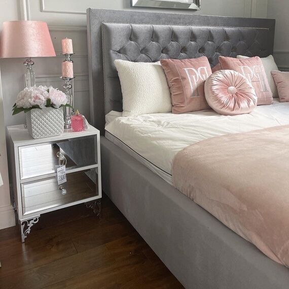 Luxurious bedside table, lacquered wooden side table, with mirror, silver VENICE