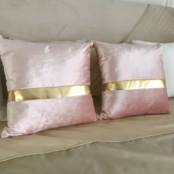 Decorative pillow with golden belt, for sofa, for bedroom, for living room, pink, gold