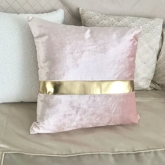 Decorative pillow with golden belt, for sofa, for bedroom, for living room, pink, gold