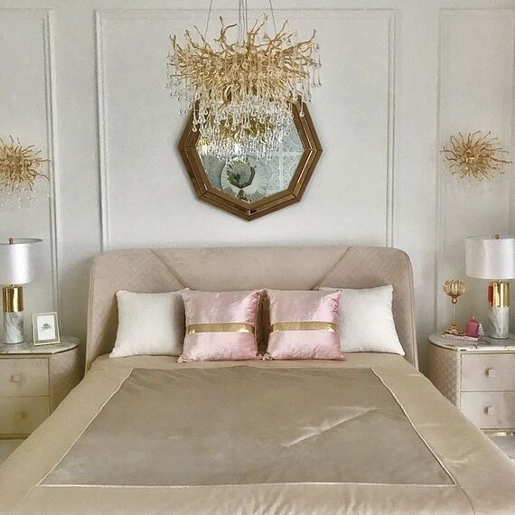 Decorative pillow with golden belt, for sofa, for bedroom, for living room, pink, gold