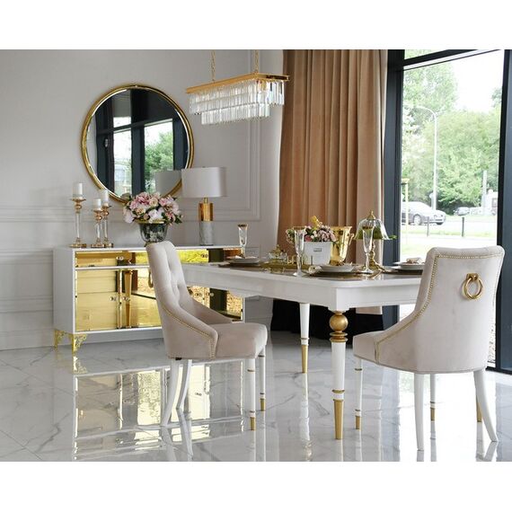 High gloss glamorous table, elegant white high gloss, light gold QUEEN