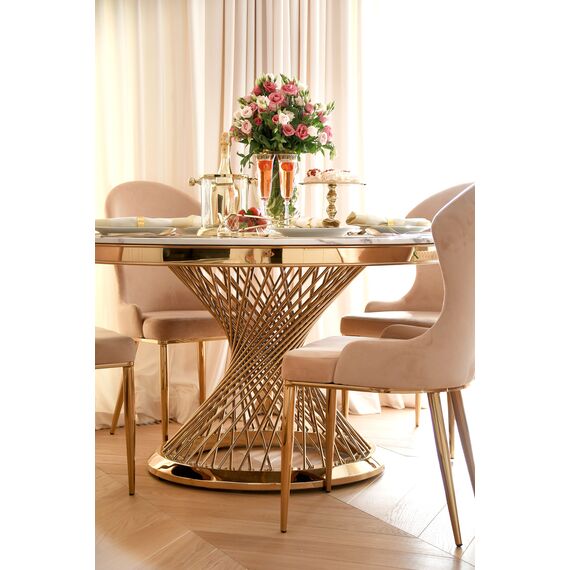 Designerski stół ANTONIO 130 cm stal okrągła do jadalni z blatem z białego, czarnego marmuru, nowoczesny glamour złoty