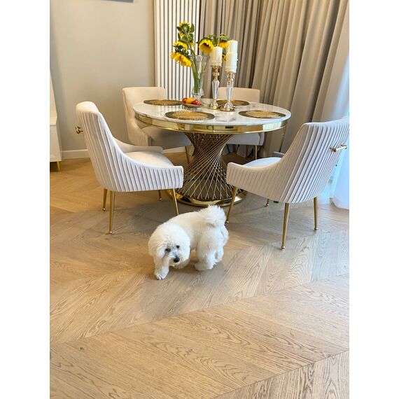 Designerski stół ANTONIO 130 cm stal okrągła do jadalni z blatem z białego, czarnego marmuru, nowoczesny glamour złoty