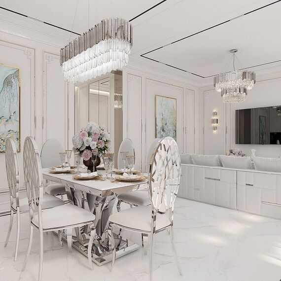 Stół srebrny z marmurowym białym blatem do jadalni glamour, ekskluzywny, nowoczesny LV COLLECTION