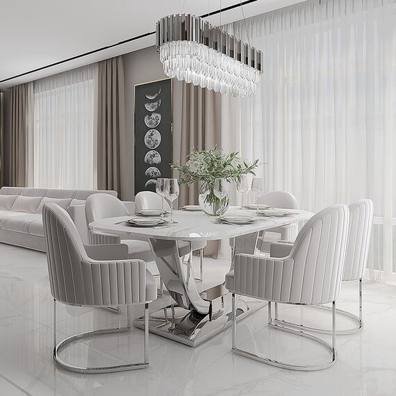 Exclusive glamor table for the dining room, modern, designer, white marble top, silver ART DECO