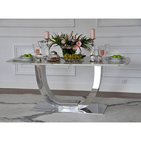 Exclusive glamor table for the dining room, modern, designer, white marble top, silver ART DECO