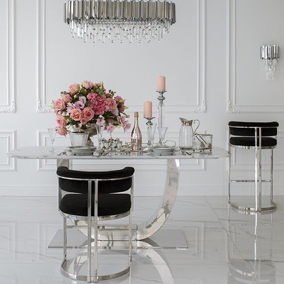 Exclusive glamor table for the dining room, modern, designer, white marble top, silver ART DECO