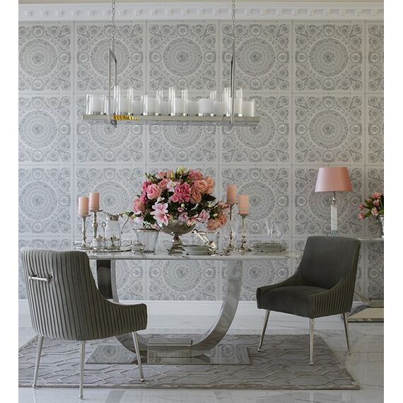 Exclusive glamor table for the dining room, modern, designer, white marble top, silver ART DECO