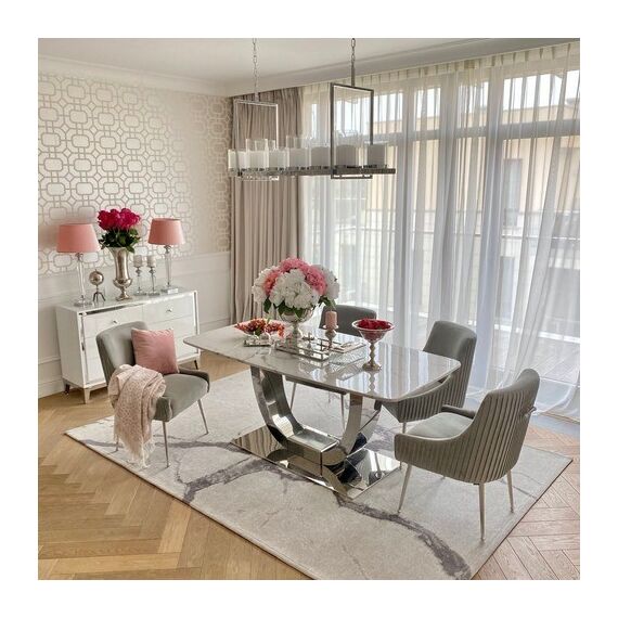 Exclusive glamor table for the dining room, modern, designer, white marble top, silver ART DECO