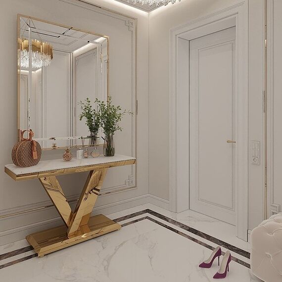 Gold console, modern, white marble top, glamour, LV COLLECTION