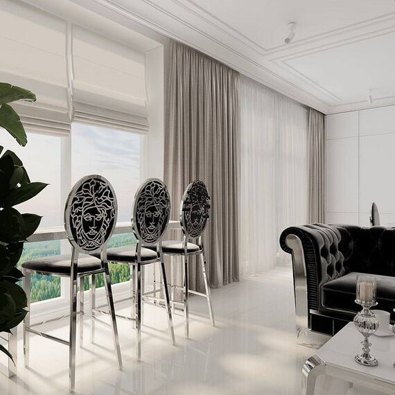 Luxurious bar stool, island stool, modern, glamor, black, silver Medusa