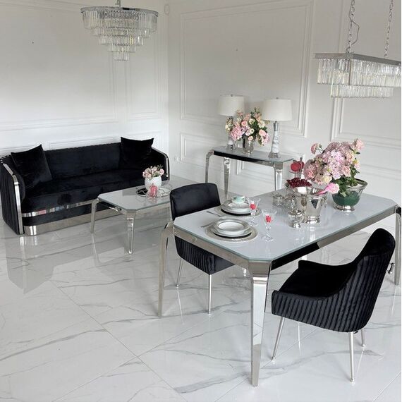 Design glamor table with a glass top, steel, modern, silver ELITE