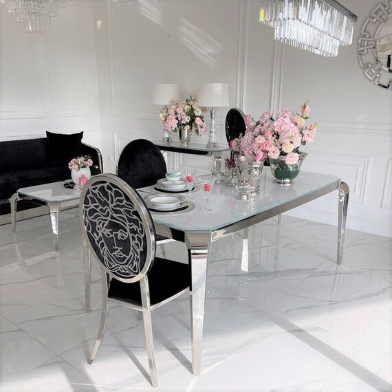 Design glamor table with a glass top, steel, modern, silver ELITE