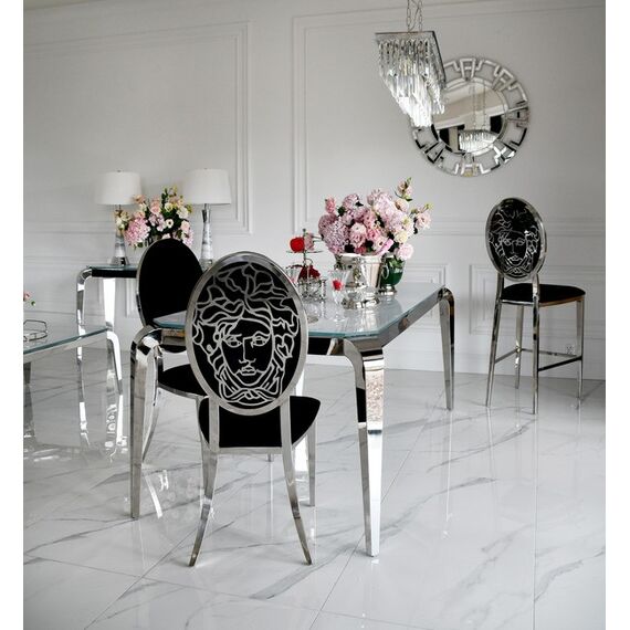 Design glamor table with a glass top, steel, modern, silver ELITE