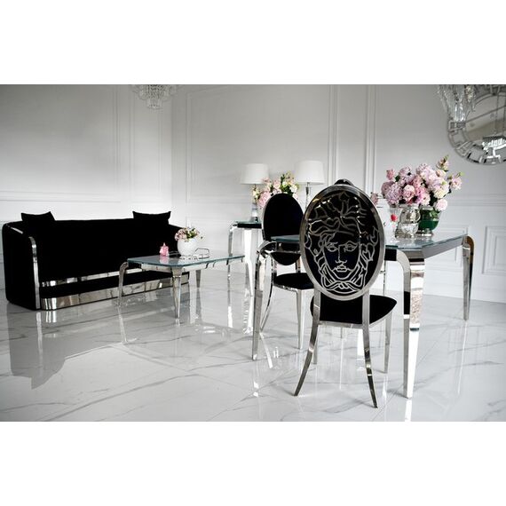 Design glamor table with a glass top, steel, modern, silver ELITE