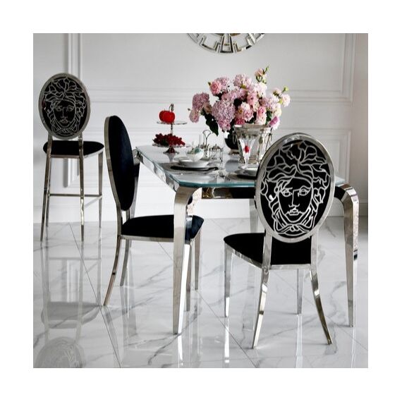 Krzesło glamour ekskluzywne do jadalni, nowoczesne, stalowe czarny, srebrny MEDUSA