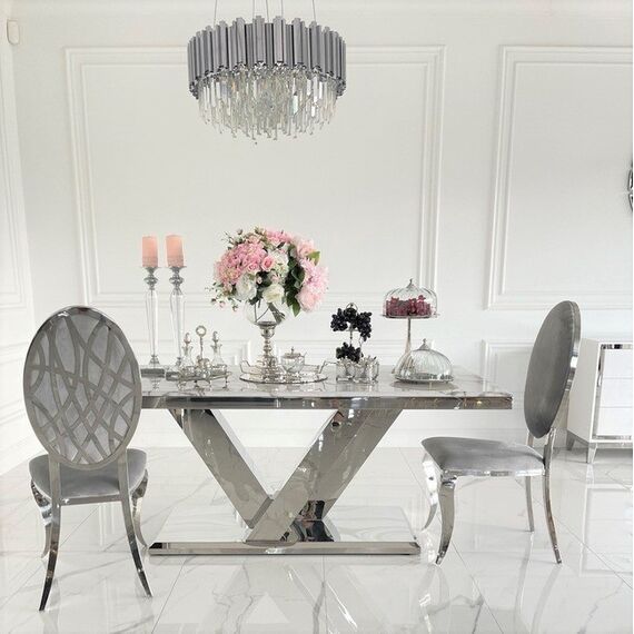 Stół srebrny z marmurowym białym blatem do jadalni glamour, ekskluzywny, nowoczesny LV COLLECTION