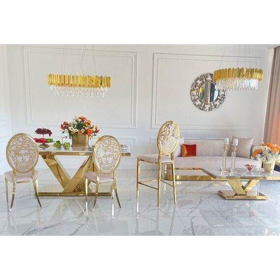 Stół glamour złoty z białym marmurowym blatem, nowoczesny, ekskluzywny do jadalni LV COLLECTION