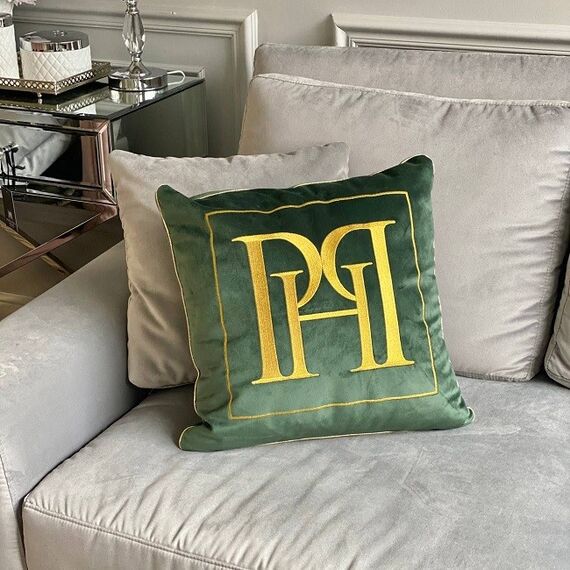 Elegant pillow 50x50, PH logo, decorative, green, gold,