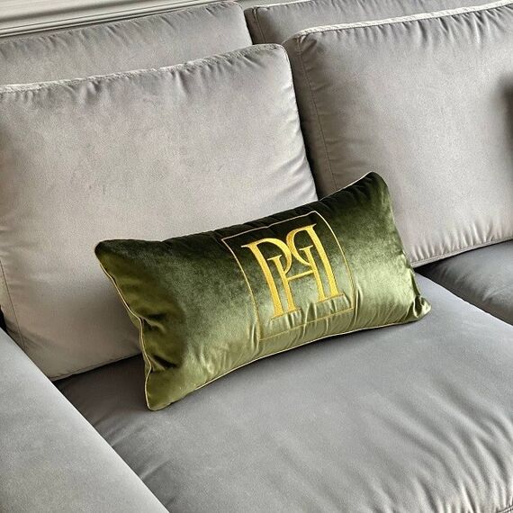 Decorative pillow 30x60 with golden Ph logo, green