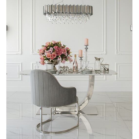 Stół glamour do jadalni, ekskluzywny, nowoczesny, designerski, biały blat marmurowy, srebrny ART DECO OUTLET