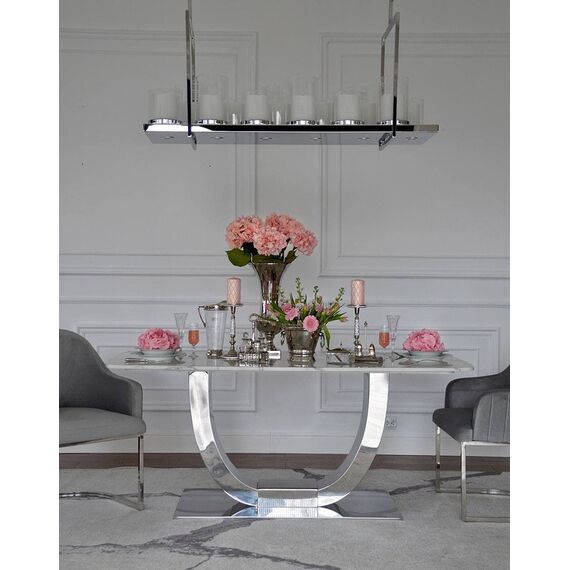 Stół glamour do jadalni, ekskluzywny, nowoczesny, designerski, biały blat marmurowy, srebrny ART DECO OUTLET