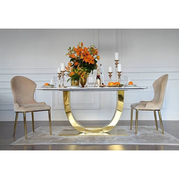Exclusive glamor dining table, modern, designer, white marble top, gold ART DECO OUTLET