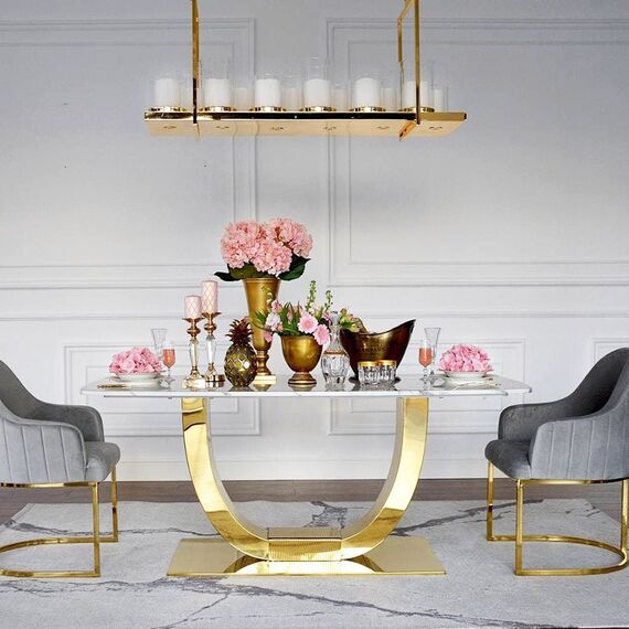 Exclusive glamor dining table, modern, designer, white marble top, gold ART DECO OUTLET