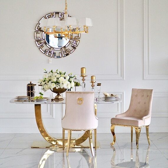 Exclusive glamor dining table, modern, designer, white marble top, gold ART DECO OUTLET